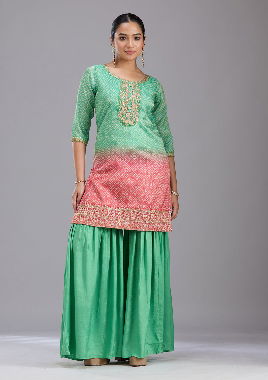 Parrot Green Sequins Soft Raw Silk Readymade Sharara Suit