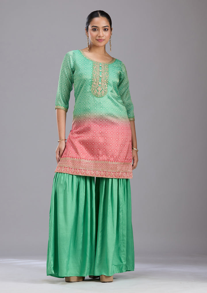 Parrot Green Sequins Soft Raw Silk Readymade Sharara Suit