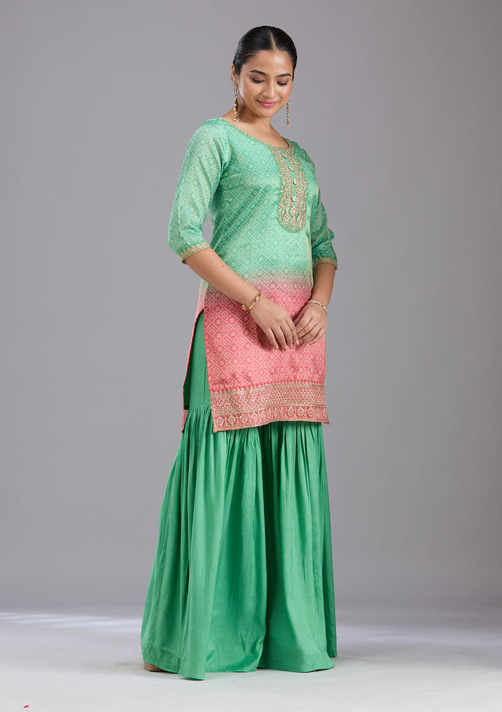 Parrot Green Sequins Soft Raw Silk Readymade Sharara Suit