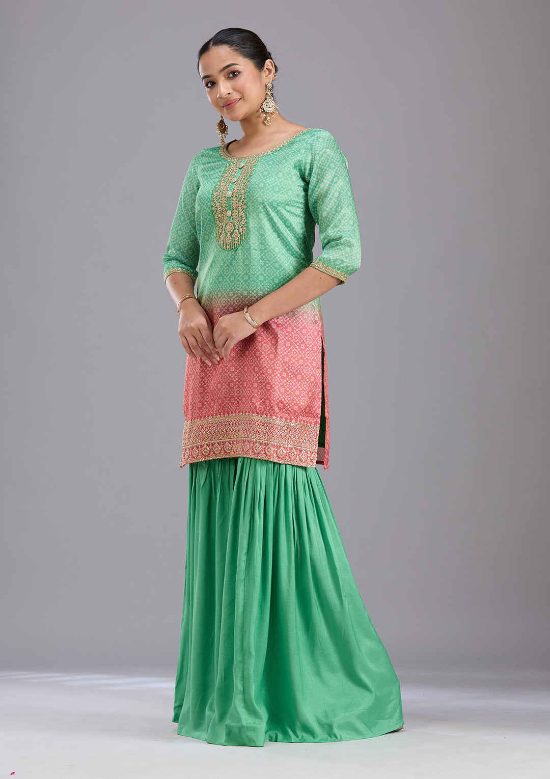 Parrot Green Sequins Soft Raw Silk Readymade Sharara Suit