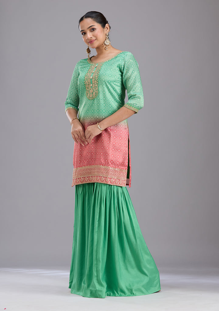 Parrot Green Sequins Soft Raw Silk Readymade Sharara Suit