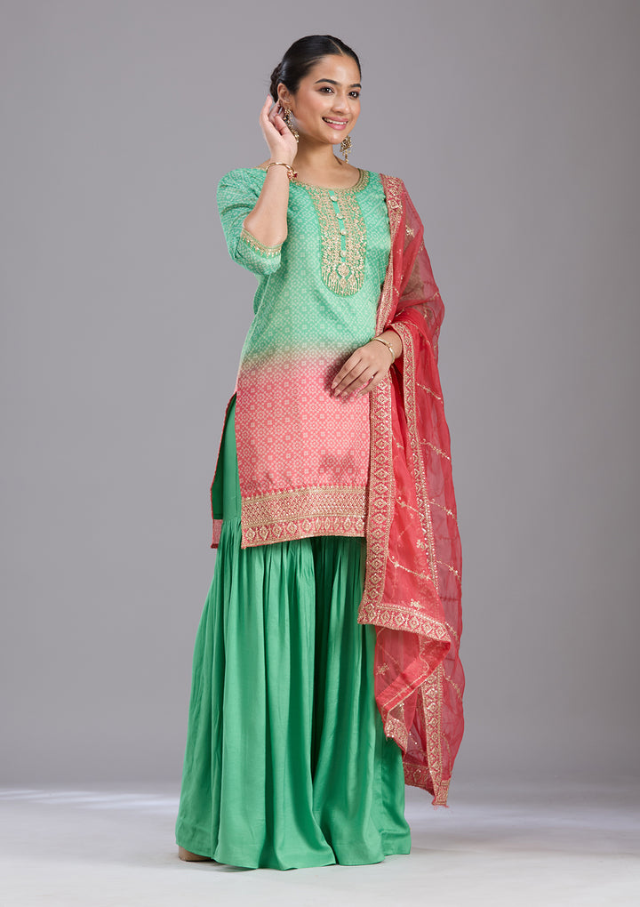 Parrot Green Sequins Soft Raw Silk Readymade Sharara Suit
