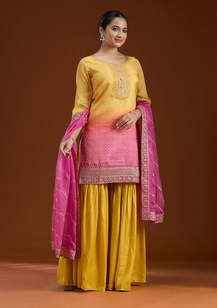 Yellow Sequins Soft Raw Silk Readymade Sharara Suit