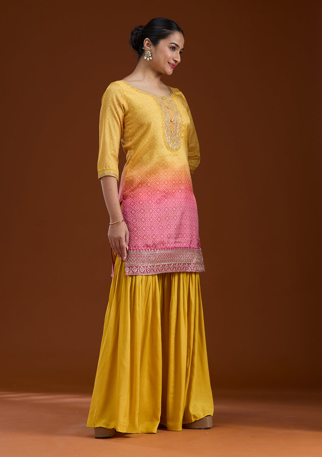 Yellow Sequins Soft Raw Silk Readymade Sharara Suit