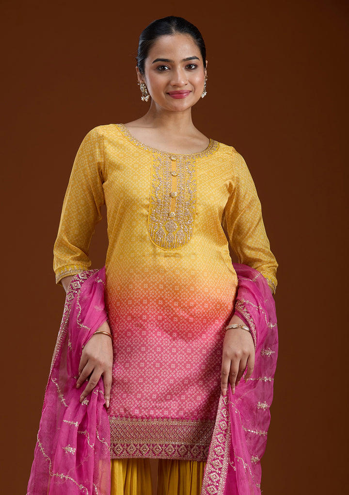 Yellow Sequins Soft Raw Silk Readymade Sharara Suit