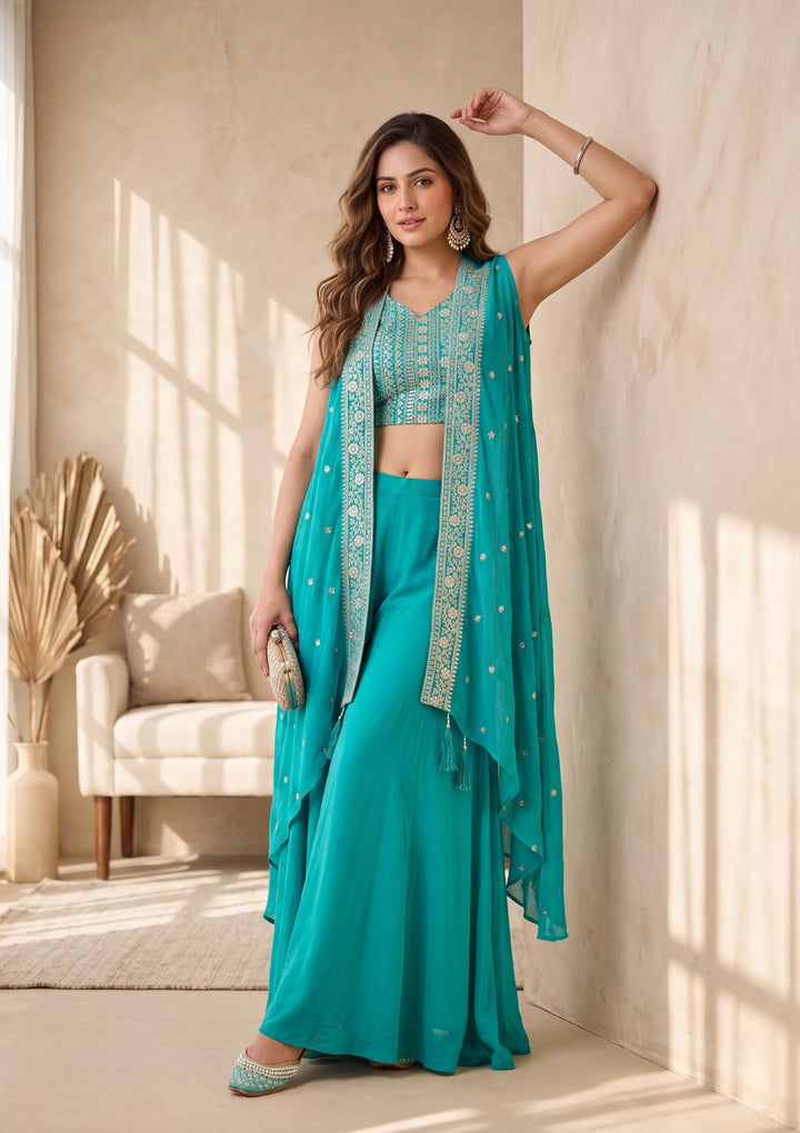 Turquoise Blue Zariwork Chinon Readymade Salwar Suit