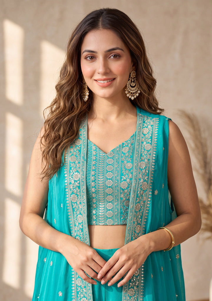 Turquoise Blue Zariwork Chinon Readymade Salwar Suit