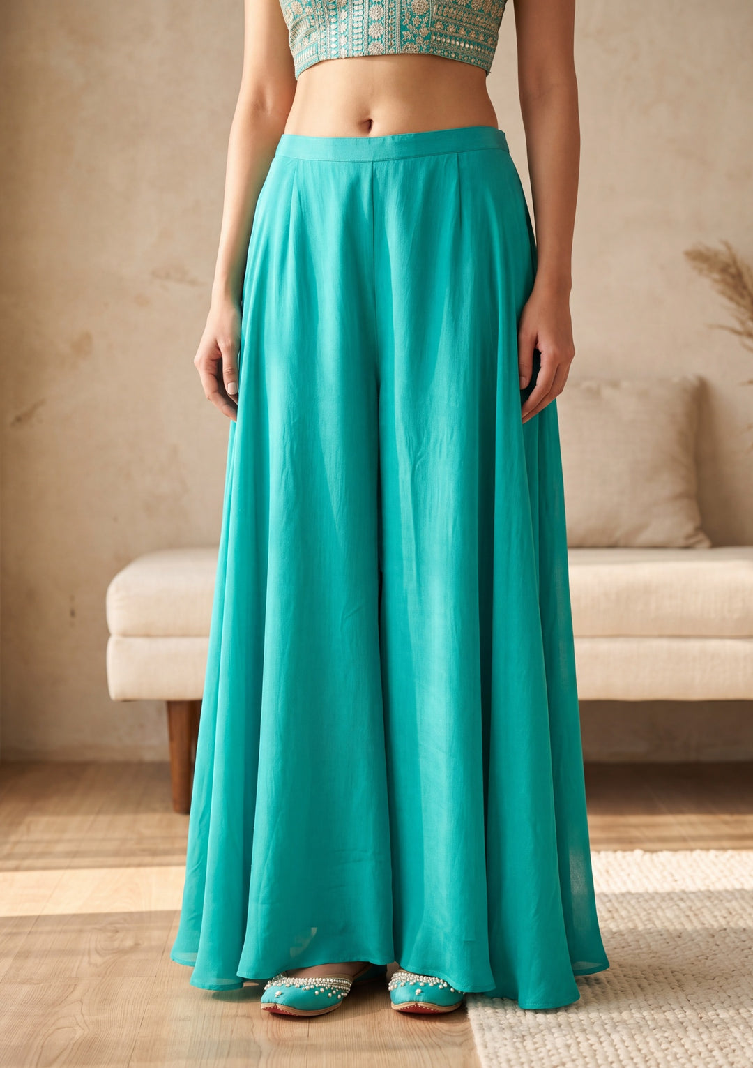 Turquoise Blue Zariwork Chinon Readymade Salwar Suit