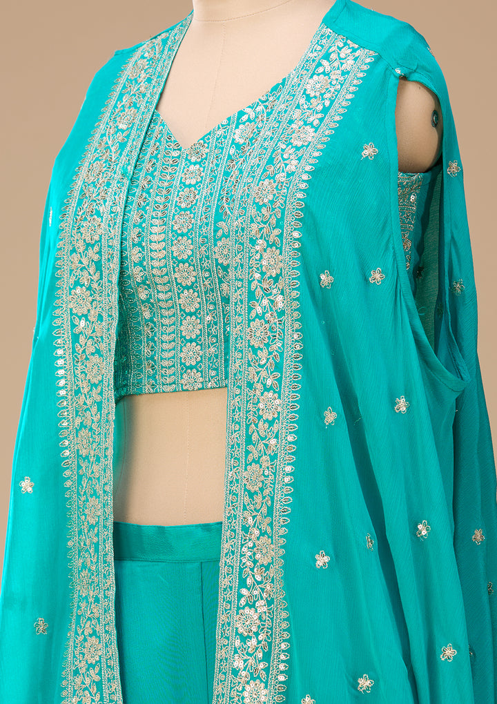 Turquoise Blue Zariwork Chinon Readymade Salwar Suit
