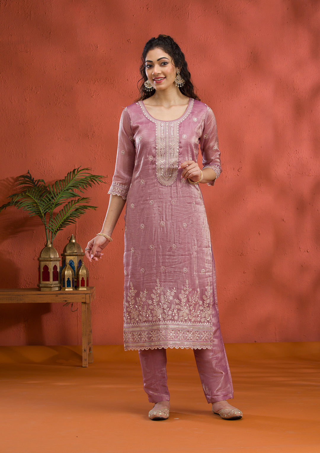 Mauve Threadwork Semi Crepe Readymade Salwar Suit