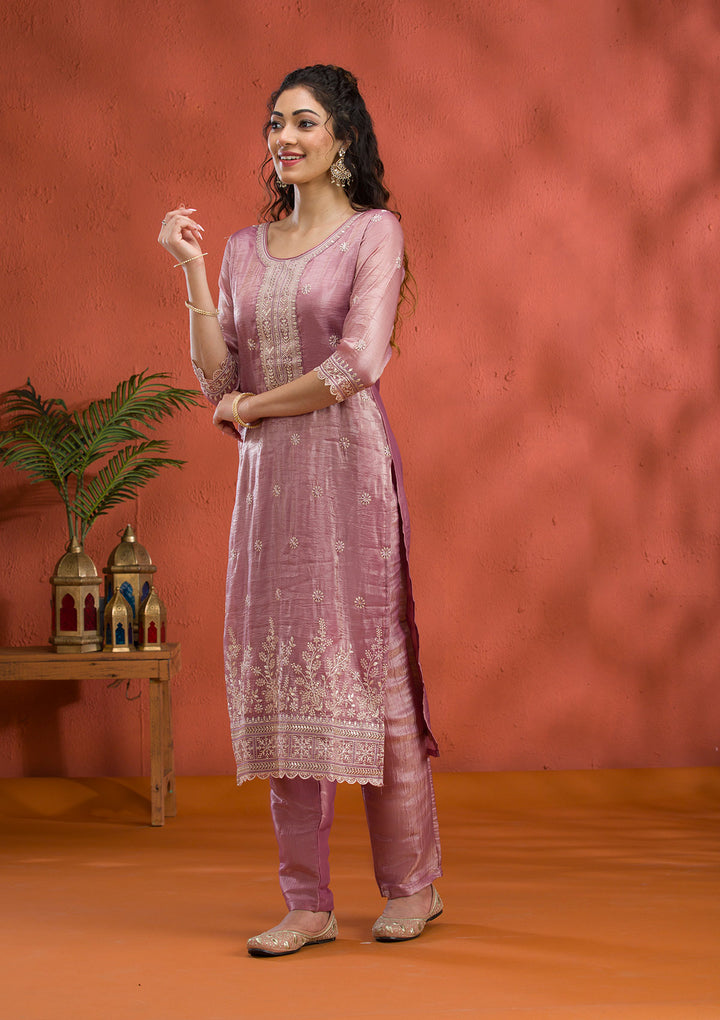 Mauve Threadwork Semi Crepe Readymade Salwar Suit