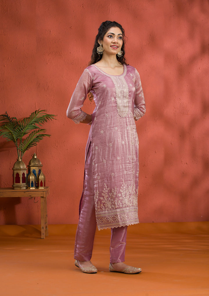 Mauve Threadwork Semi Crepe Readymade Salwar Suit