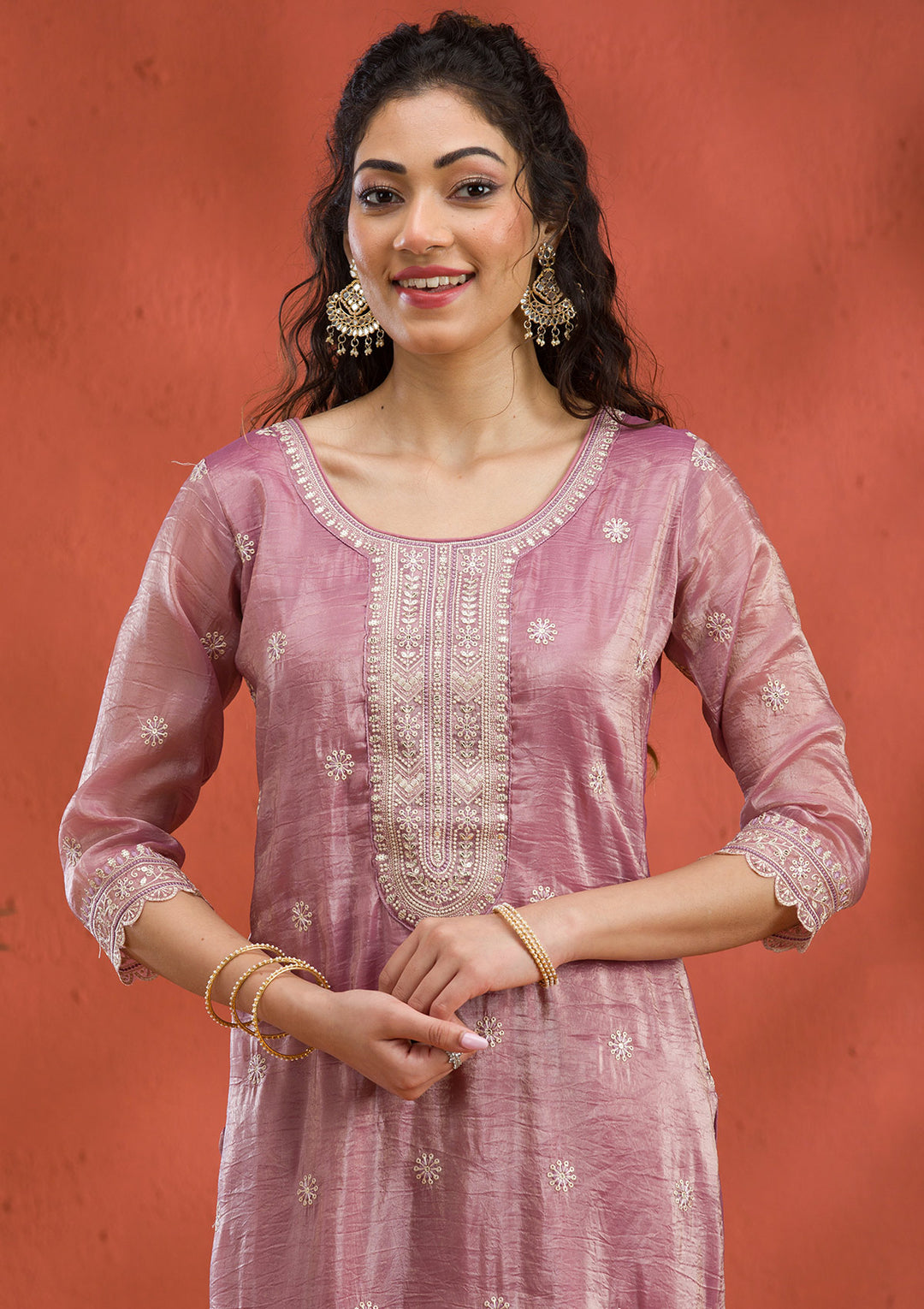 Mauve Threadwork Semi Crepe Readymade Salwar Suit