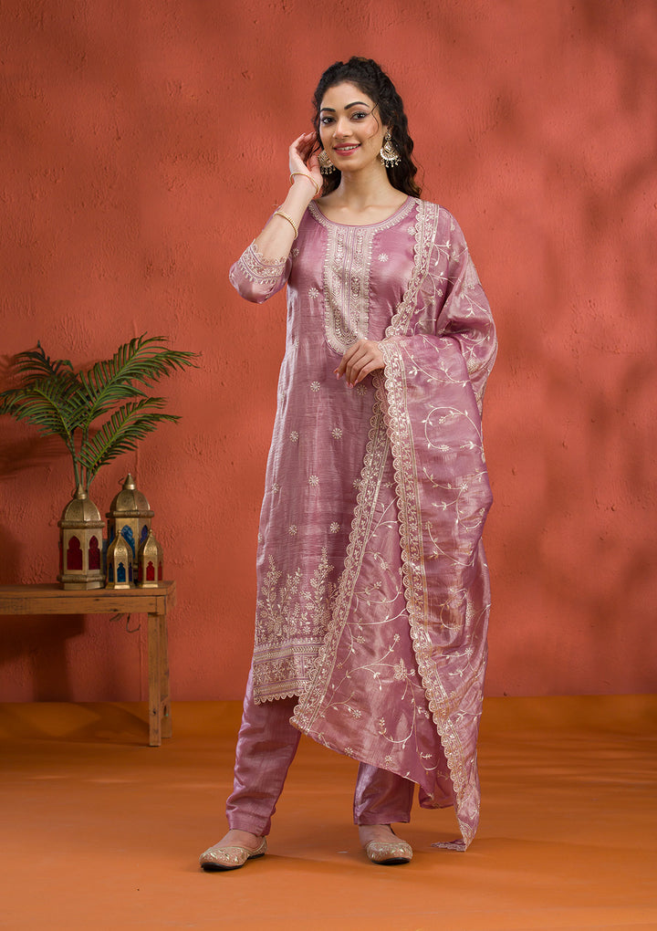 Mauve Threadwork Semi Crepe Readymade Salwar Suit