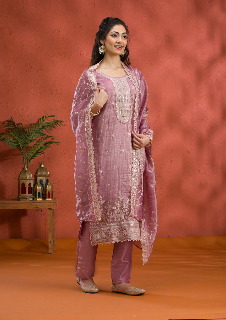 Mauve Threadwork Semi Crepe Readymade Salwar Suit
