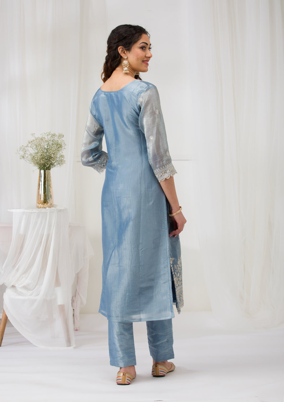 Sea Green Threadwork Semi Crepe Readymade Salwar Suit