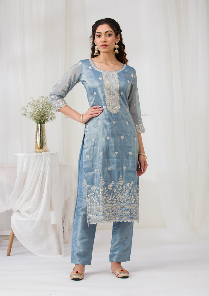 Sea Green Threadwork Semi Crepe Readymade Salwar Suit