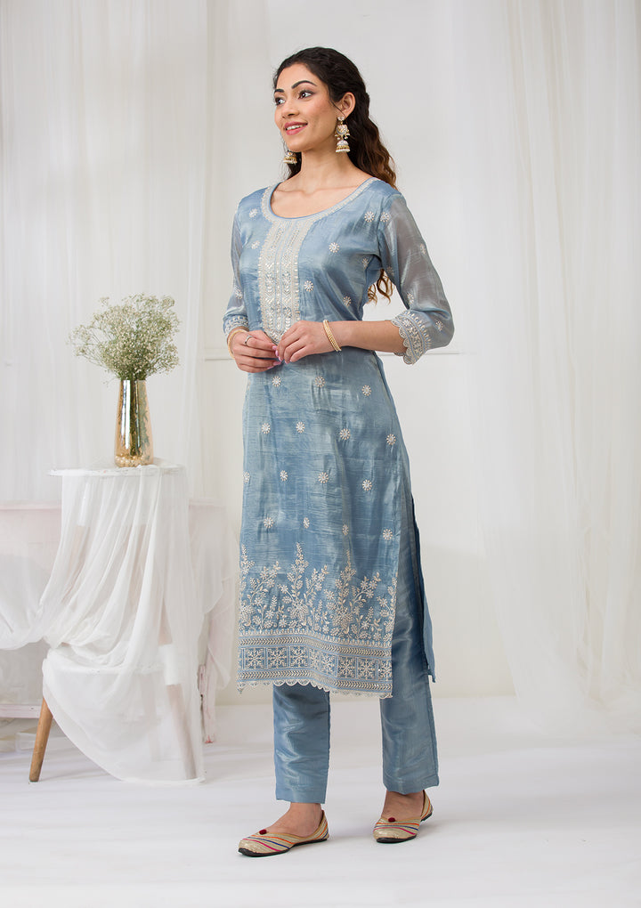 Sea Green Threadwork Semi Crepe Readymade Salwar Suit