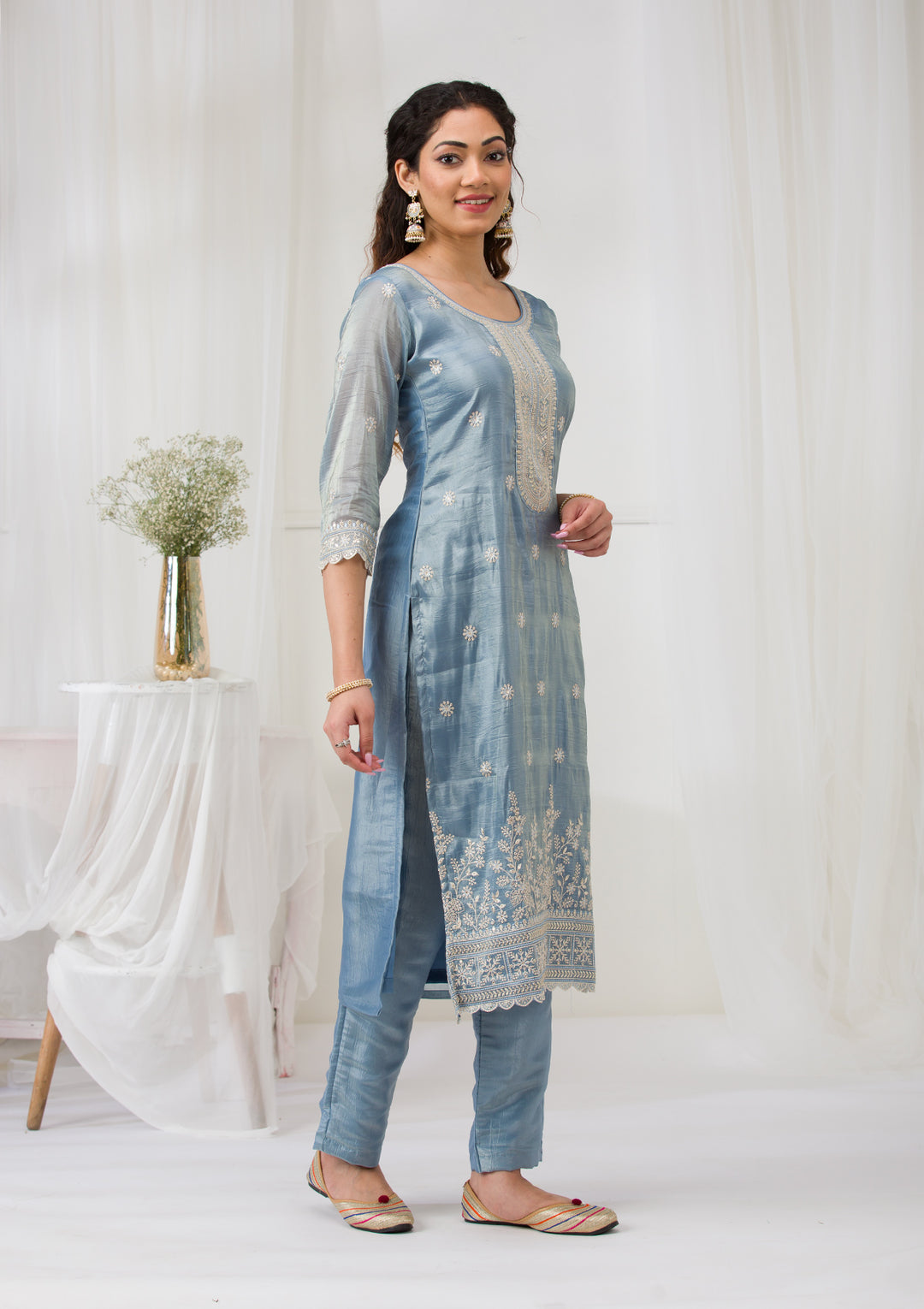 Sea Green Threadwork Semi Crepe Readymade Salwar Suit