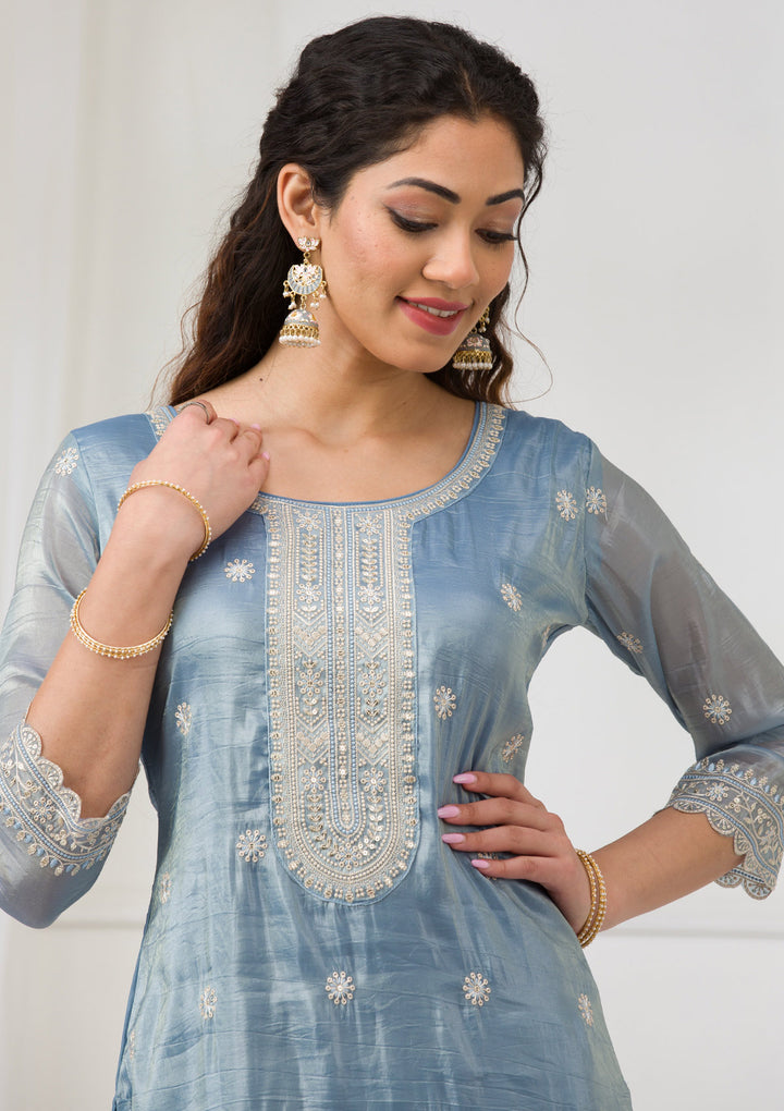 Sea Green Threadwork Semi Crepe Readymade Salwar Suit