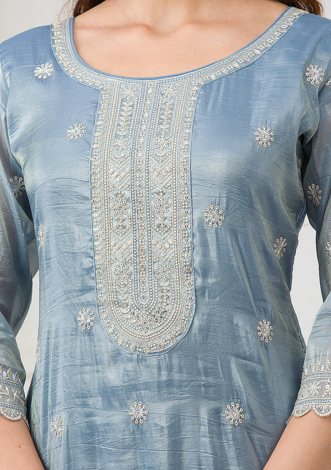 Sea Green Threadwork Semi Crepe Readymade Salwar Suit