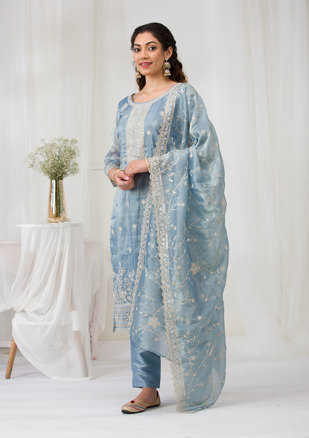 Sea Green Threadwork Semi Crepe Readymade Salwar Suit