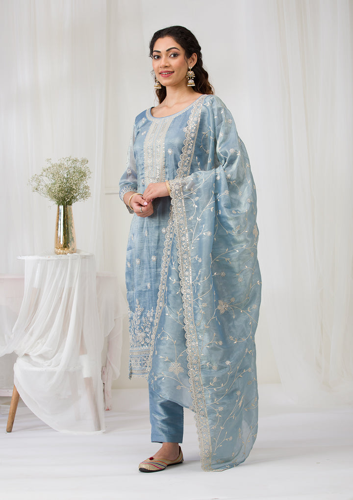 Sea Green Threadwork Semi Crepe Readymade Salwar Suit