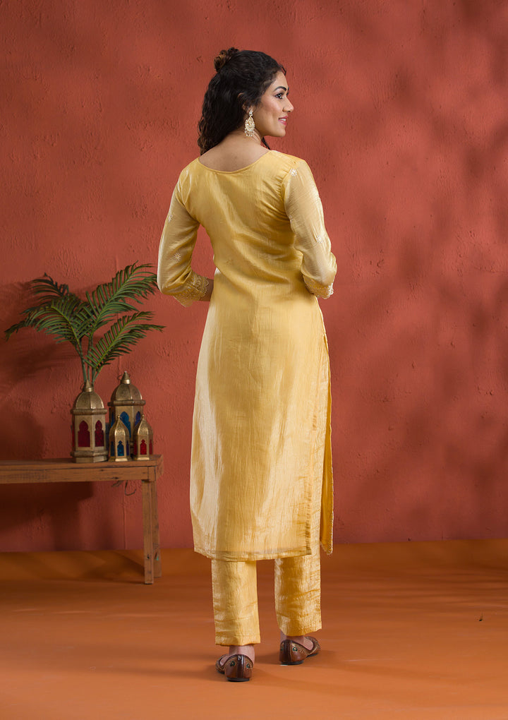 Yellow Threadwork Semi Crepe Readymade Salwar Suit