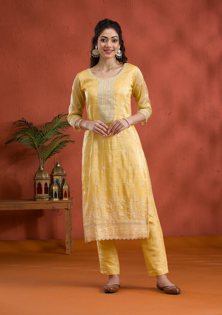 Yellow Threadwork Semi Crepe Readymade Salwar Suit