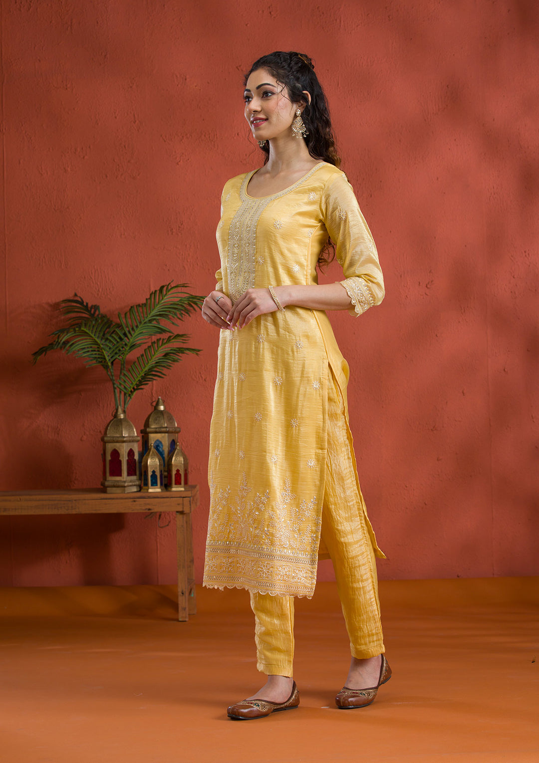 Yellow Threadwork Semi Crepe Readymade Salwar Suit