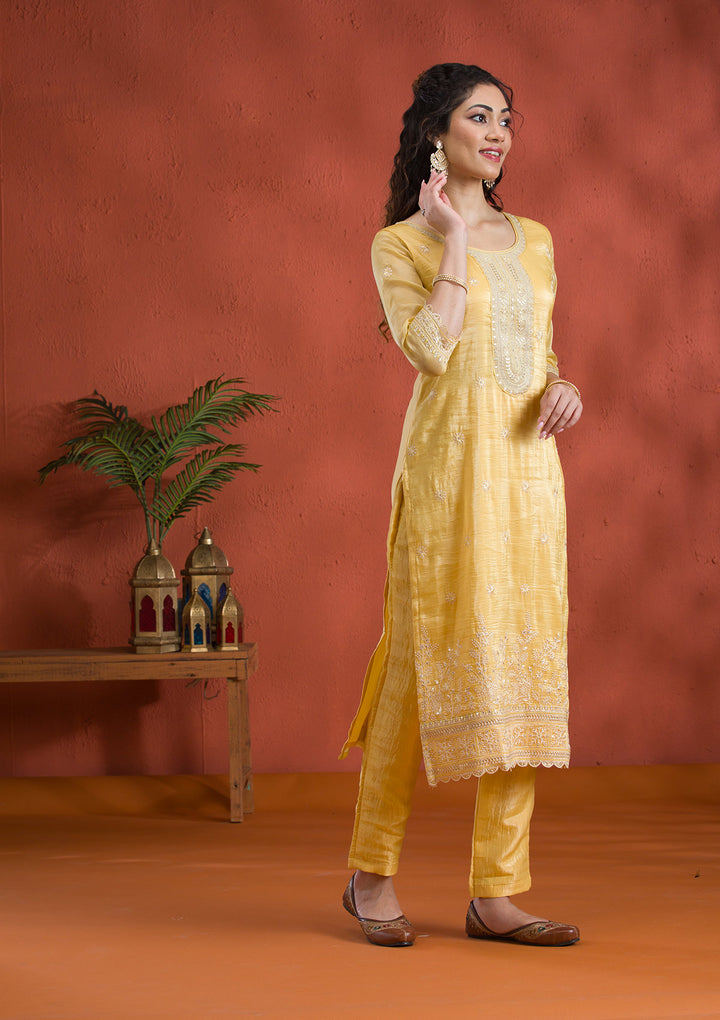 Yellow Threadwork Semi Crepe Readymade Salwar Suit