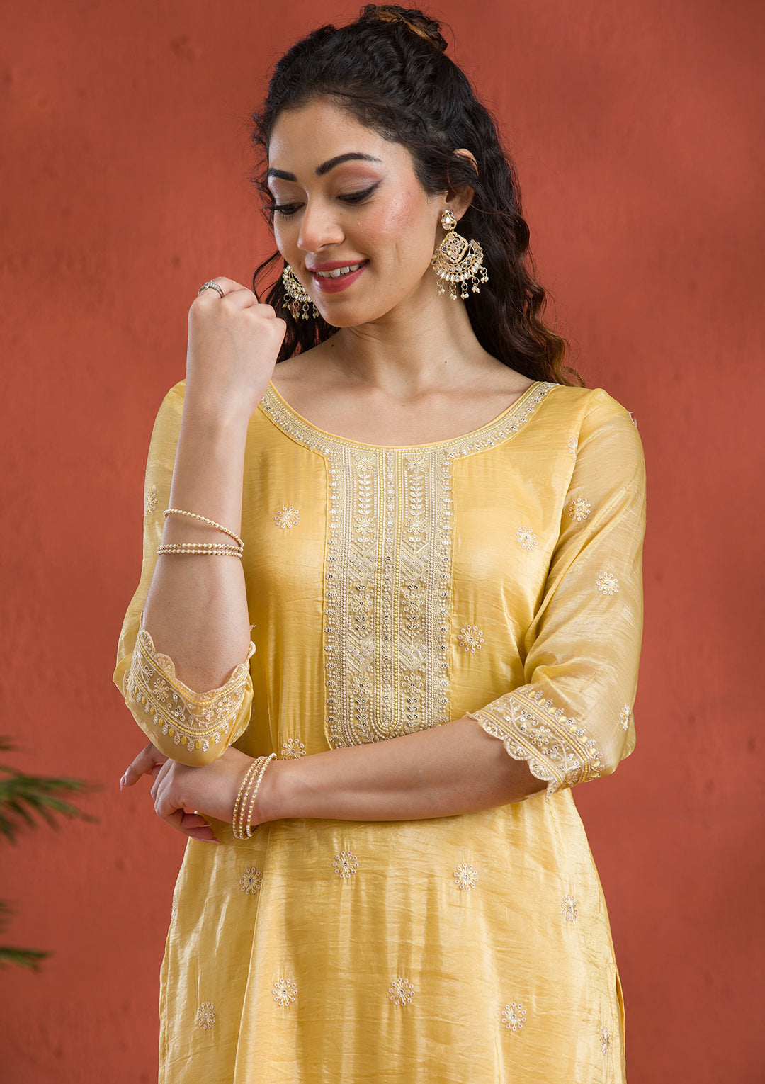 Yellow Threadwork Semi Crepe Readymade Salwar Suit