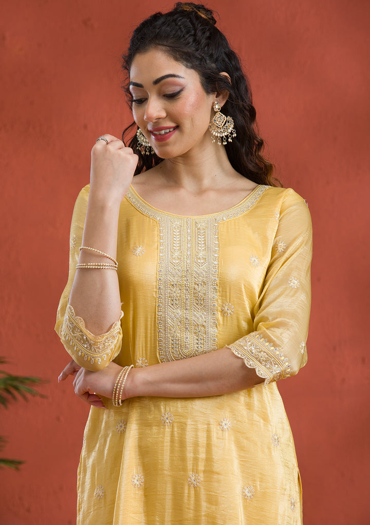 Yellow Threadwork Semi Crepe Readymade Salwar Suit