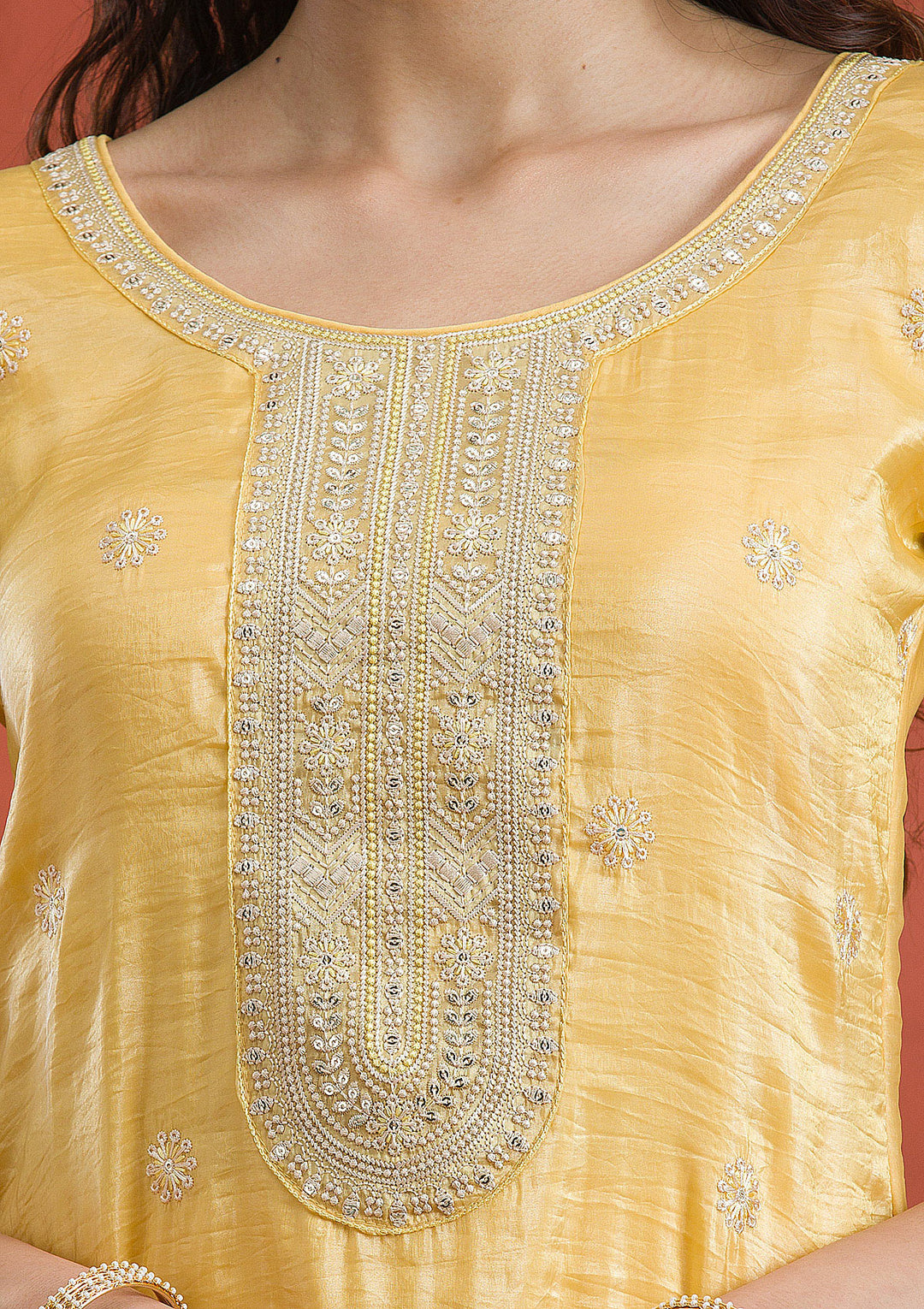 Yellow Threadwork Semi Crepe Readymade Salwar Suit