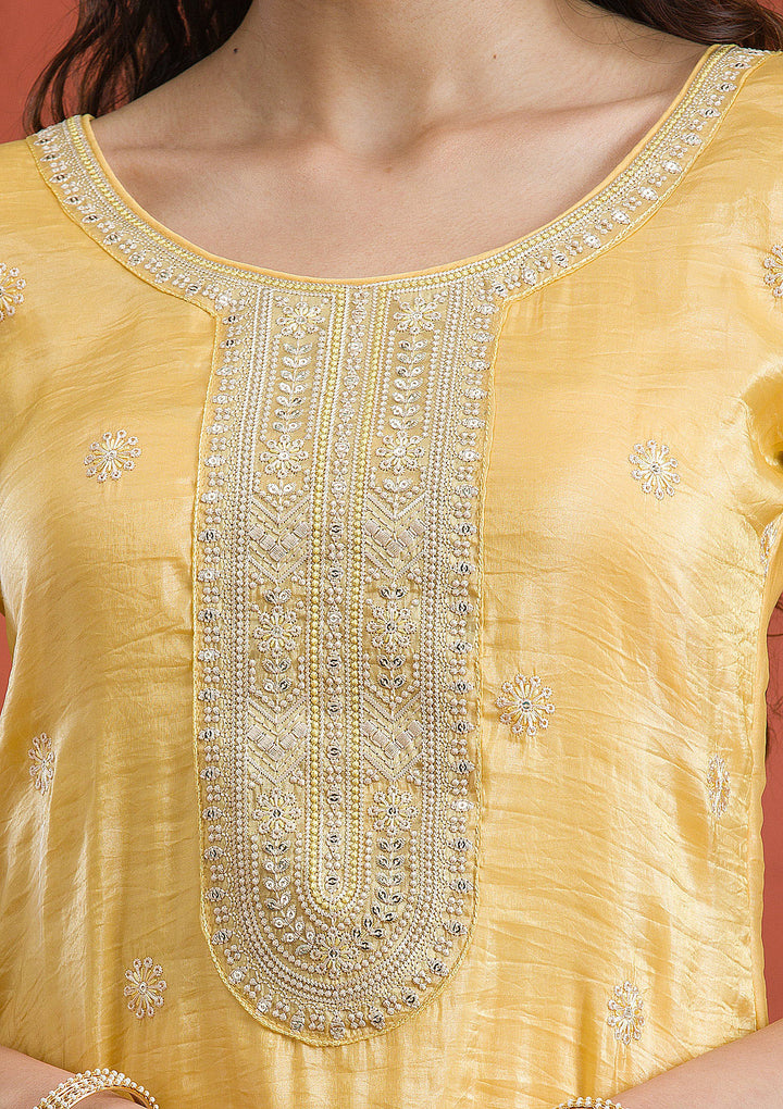 Yellow Threadwork Semi Crepe Readymade Salwar Suit