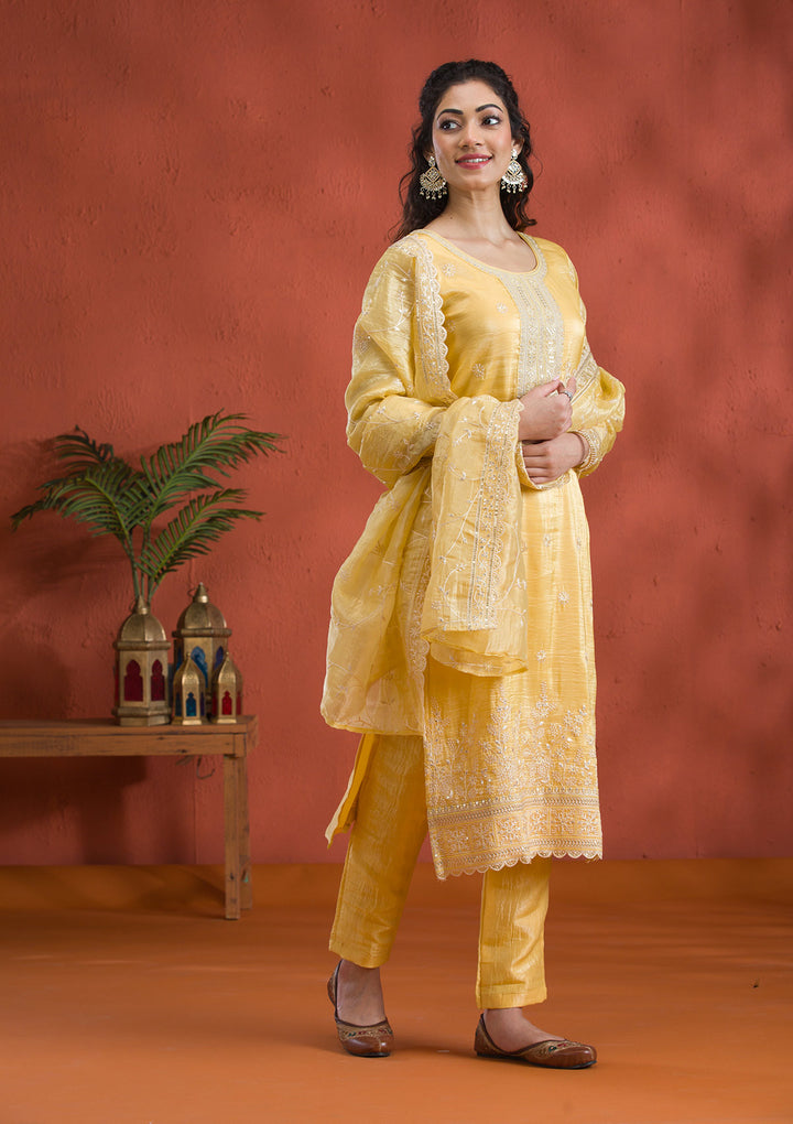 Yellow Threadwork Semi Crepe Readymade Salwar Suit