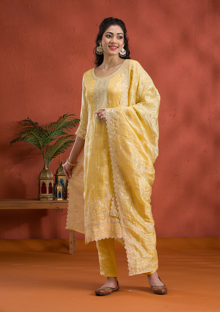 Yellow Threadwork Semi Crepe Readymade Salwar Suit