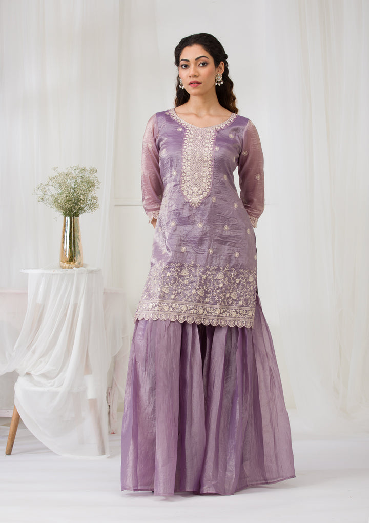 Lavender Threadwork Semi Crepe Readymade Sharara Suit