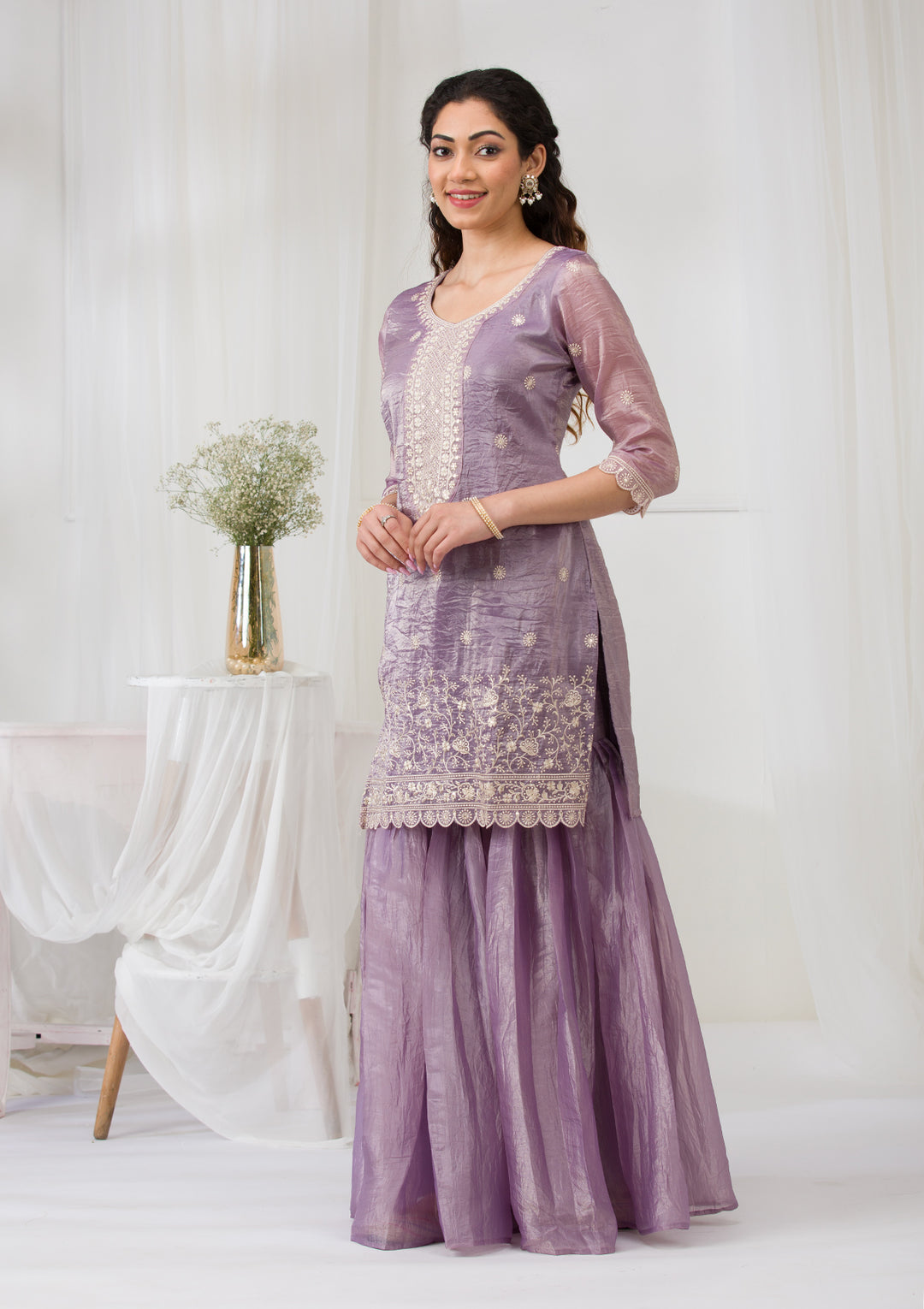 Lavender Threadwork Semi Crepe Readymade Sharara Suit