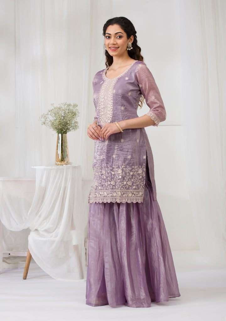 Lavender Threadwork Semi Crepe Readymade Sharara Suit