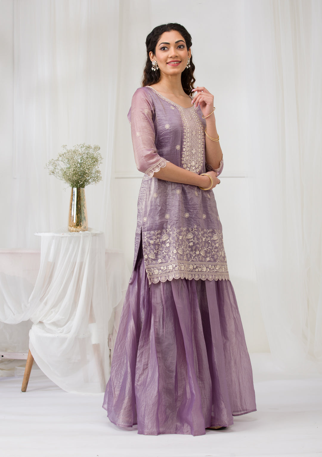 Lavender Threadwork Semi Crepe Readymade Sharara Suit