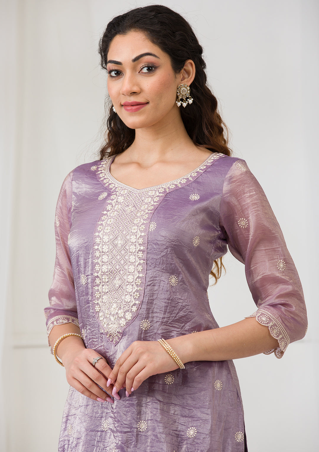 Lavender Threadwork Semi Crepe Readymade Sharara Suit