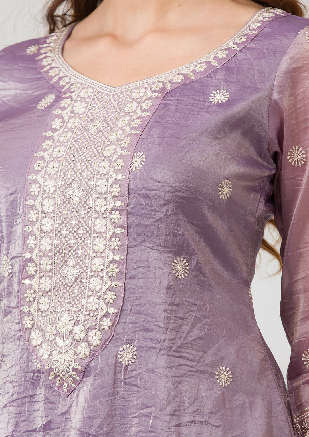 Lavender Threadwork Semi Crepe Readymade Sharara Suit