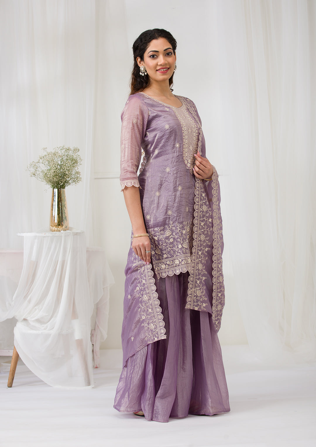 Lavender Threadwork Semi Crepe Readymade Sharara Suit