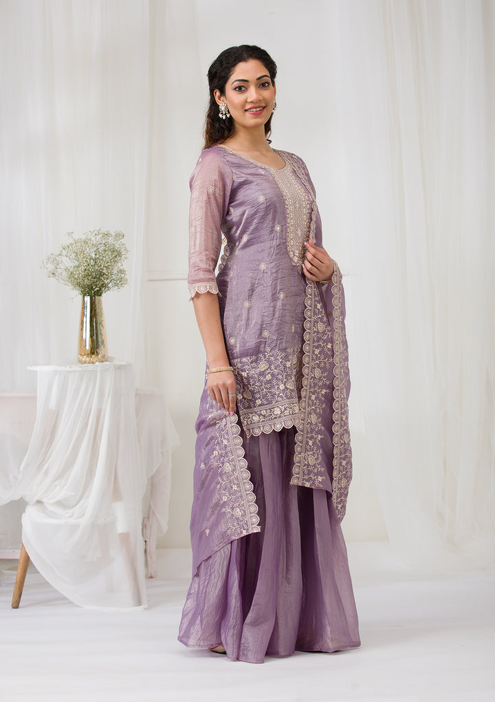 Lavender Threadwork Semi Crepe Readymade Sharara Suit