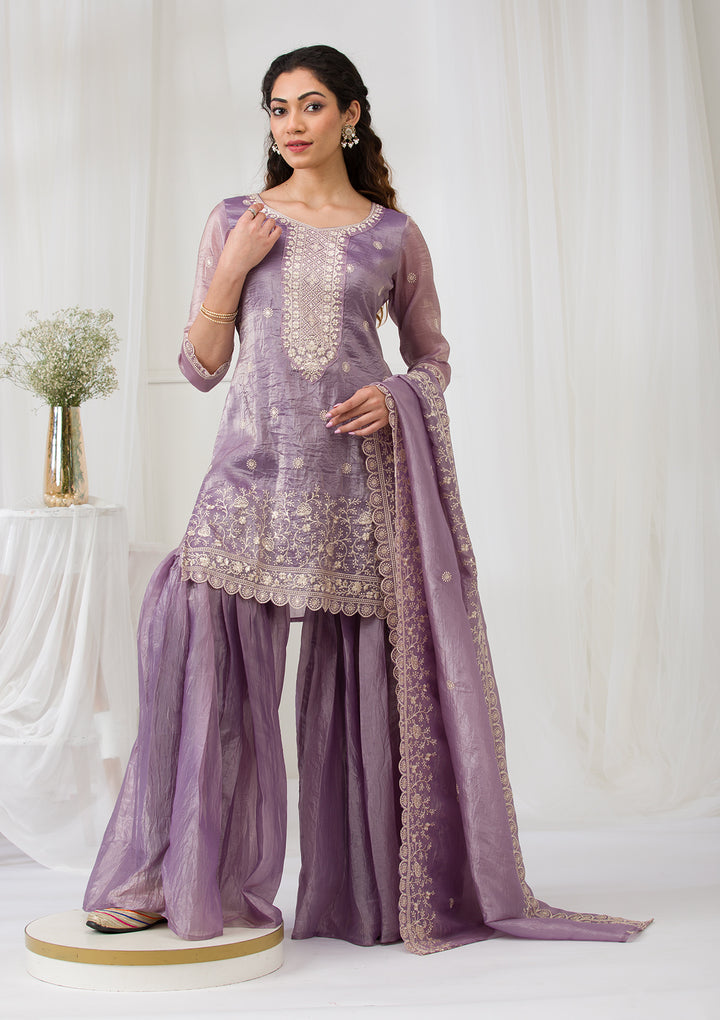 Lavender Threadwork Semi Crepe Readymade Sharara Suit