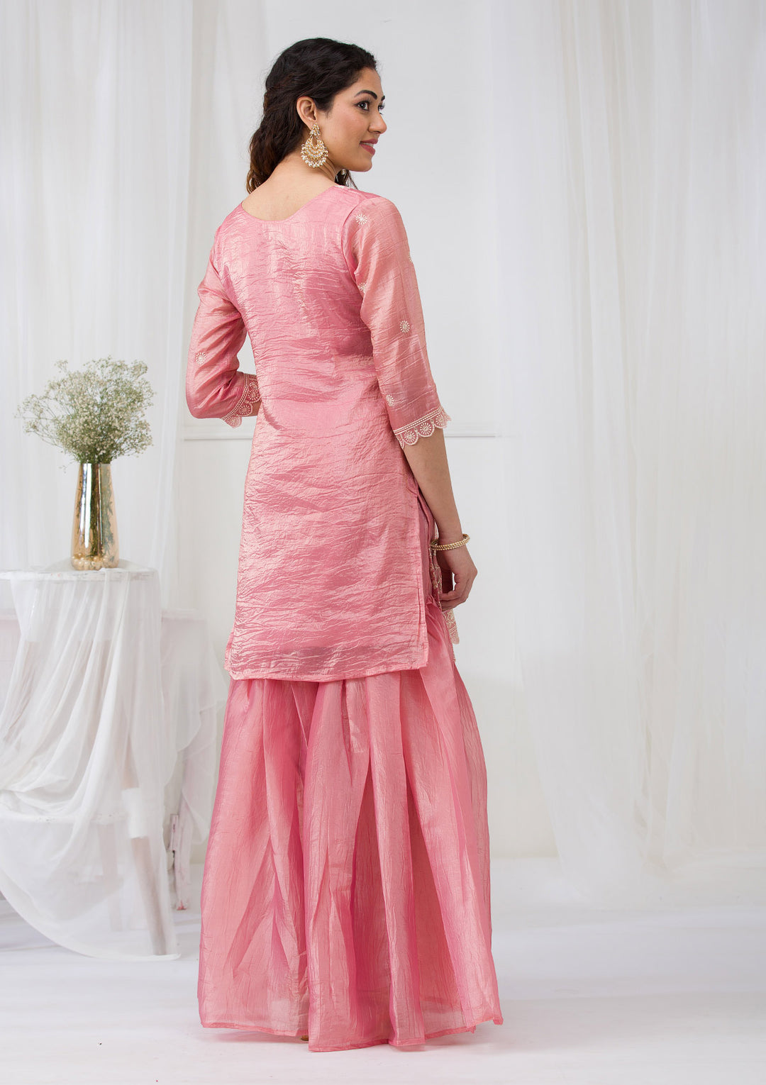 Pink Threadwork Semi Crepe Readymade Sharara Suit
