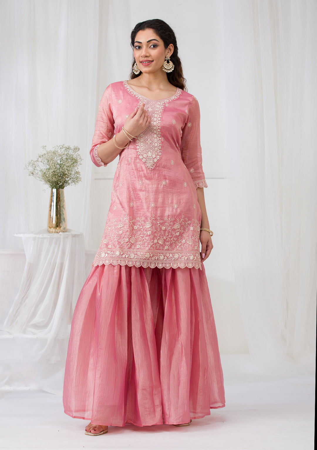 Pink Threadwork Semi Crepe Readymade Sharara Suit