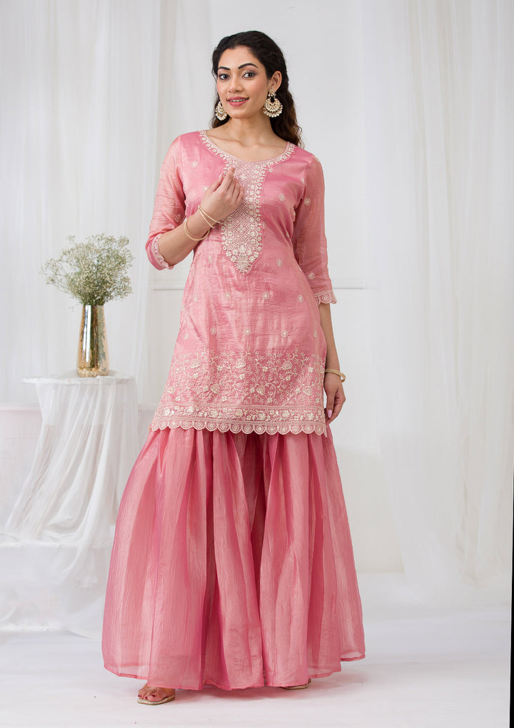 Pink Threadwork Semi Crepe Readymade Sharara Suit