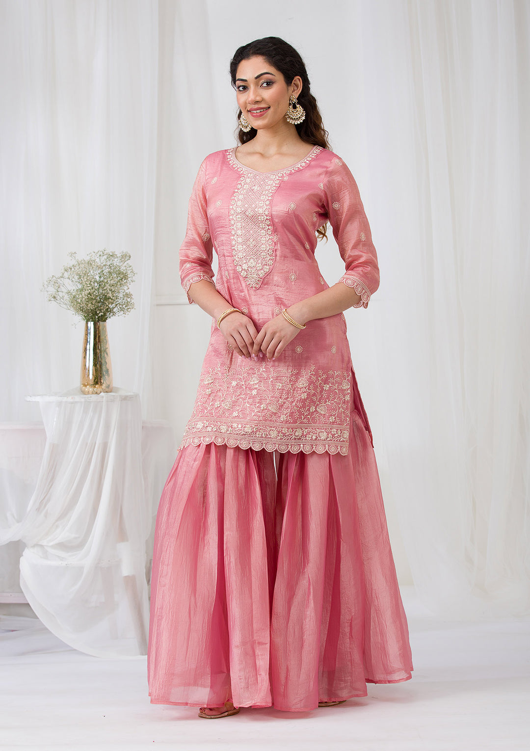Pink Threadwork Semi Crepe Readymade Sharara Suit